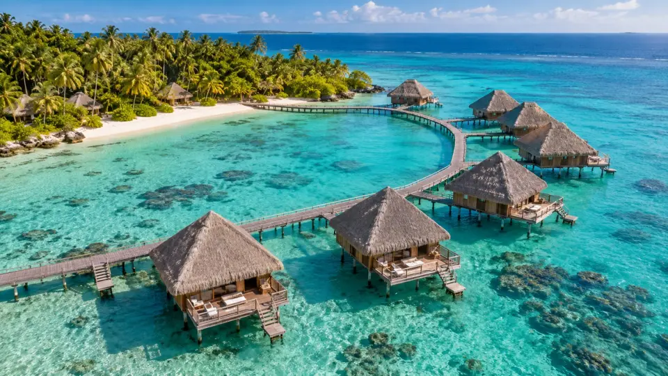 Overwater bungalows in a tropical lagoon
