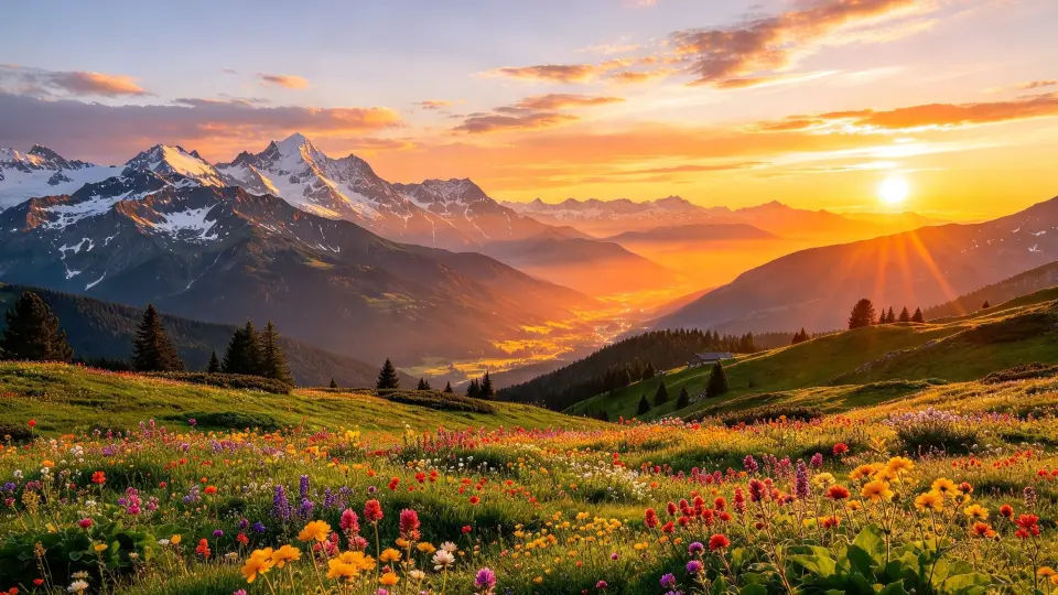 Wildflower meadow below mountains at sunset