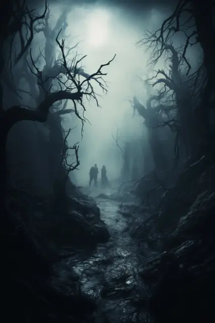 Eerie foggy moor with twisted trees