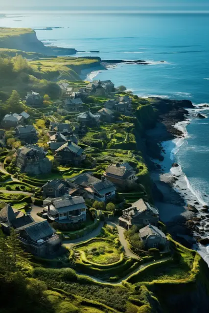 Coastal village between green cliffs