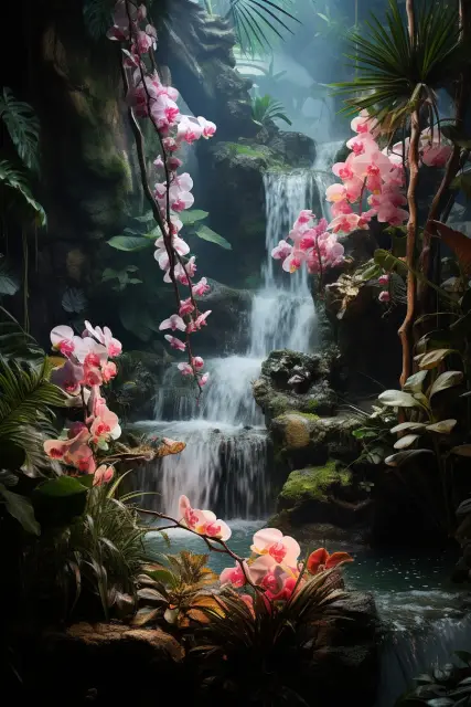 Tropical waterfall surrounded by flowers