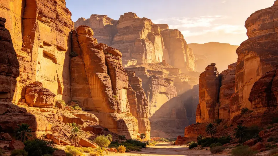 Red sandstone canyon in golden light