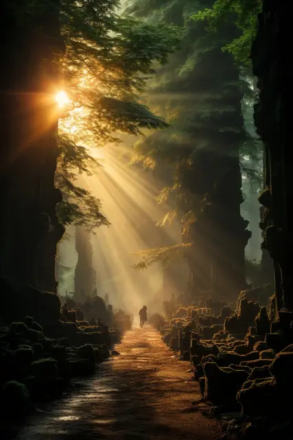 Sun rays in a forest glade