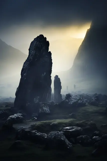Ancient standing stones in morning haze