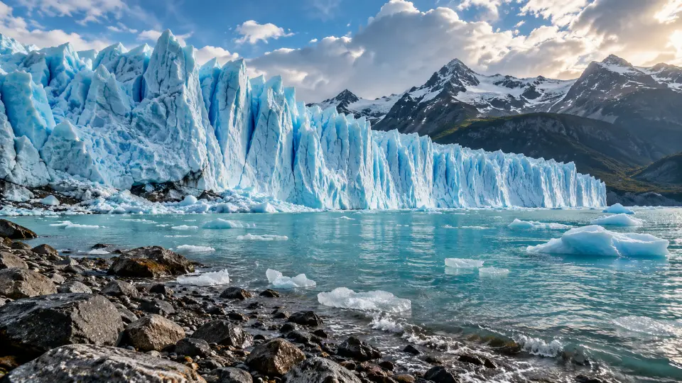 Glacier meeting a turquoise lake in Patagonia