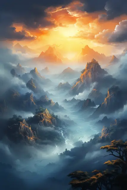 Fog-shrouded mountain range