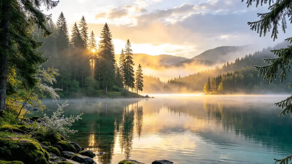 Misty forest lake at sunrise