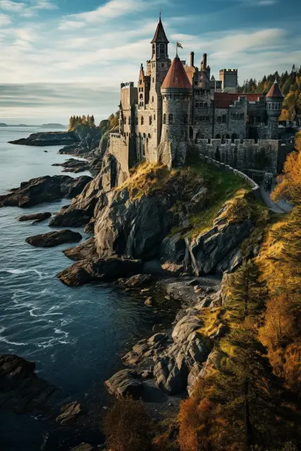 Clifftop castle above a calm inlet