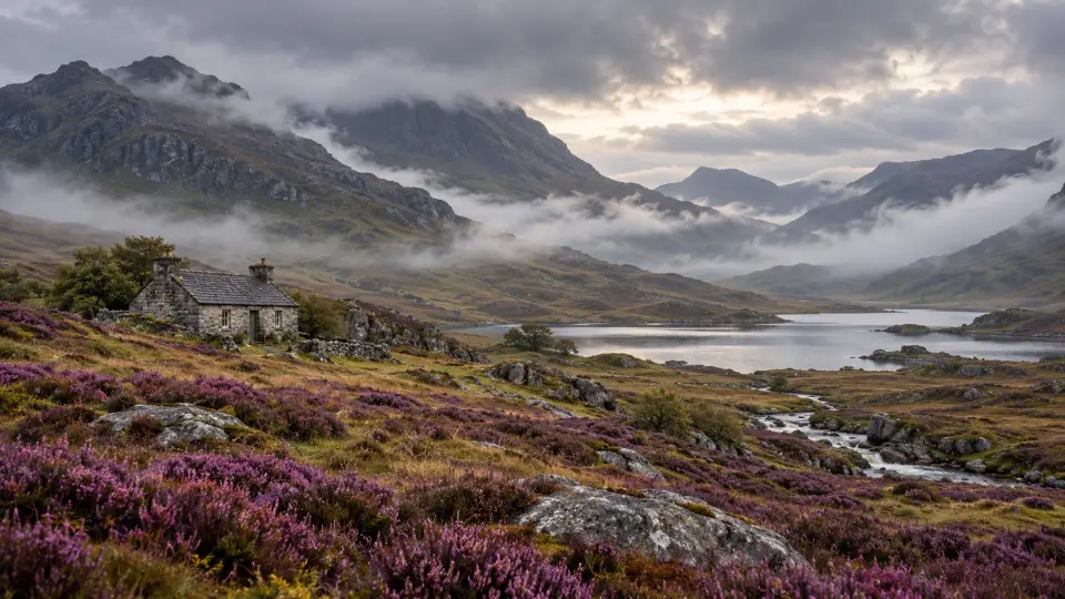 Highland cottage among purple heather