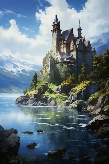 Clifftop castle above a calm inlet