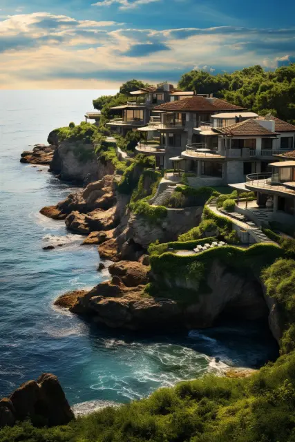 Coastal village between green cliffs