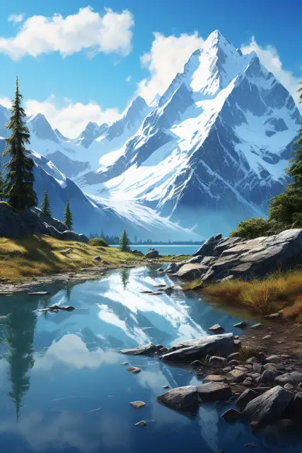 Snow-capped peaks reflected in a lake