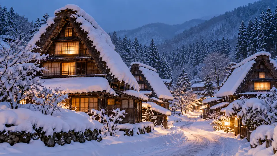 Thatched farmhouses in a snowy village