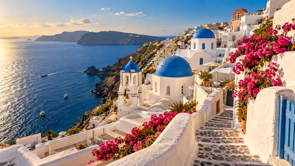 Greek island village with blue domes