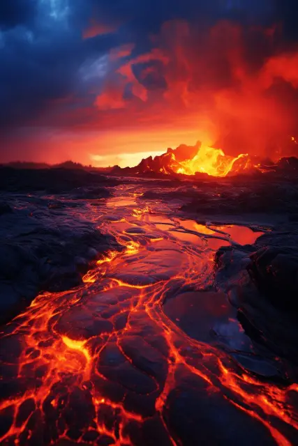 Volcano with flowing lava