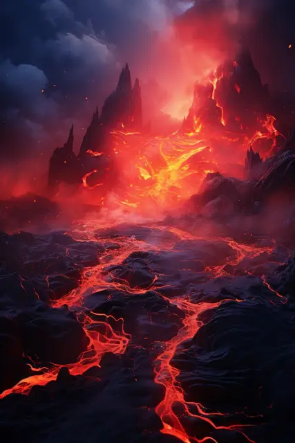 Volcano with flowing lava