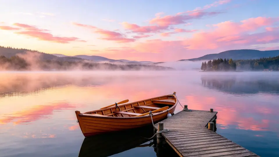 Wooden boat by a jetty at pink sunrise