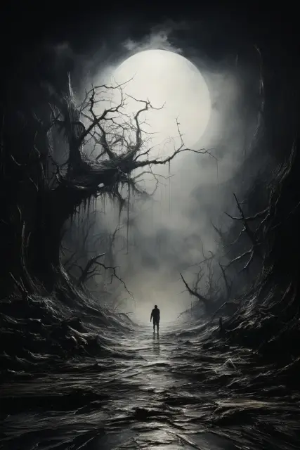 Eerie foggy moor with twisted trees