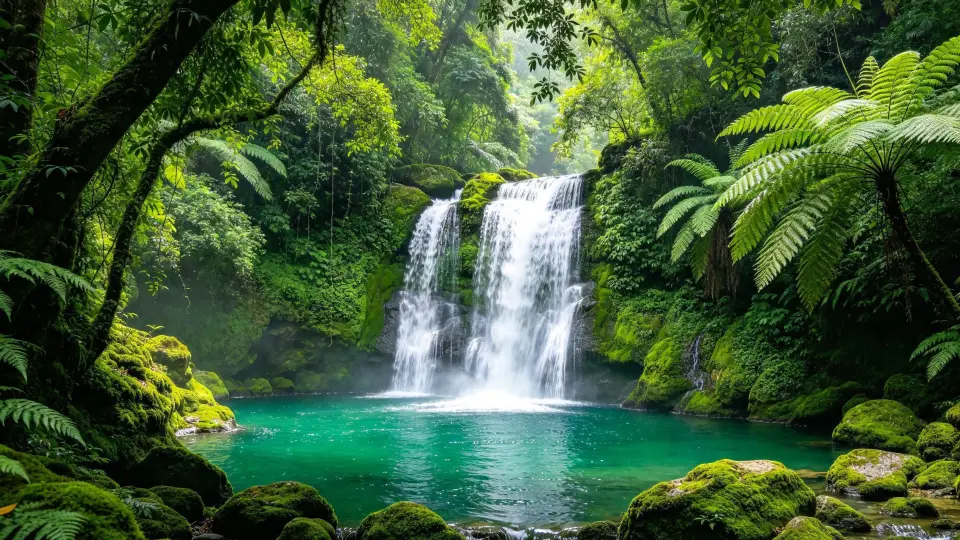 Waterfall into an emerald jungle pool