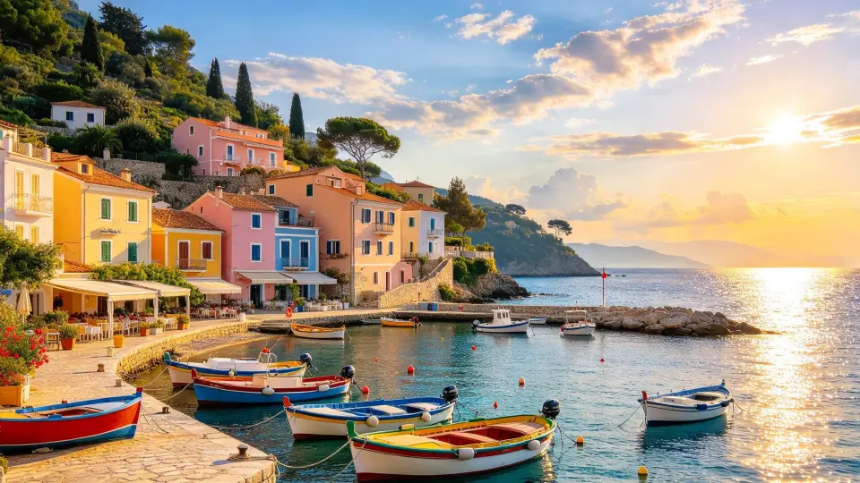 Colourful seaside village with fishing boats