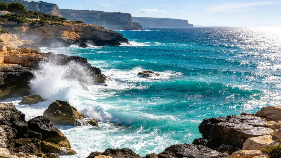 Waves crashing on a rocky turquoise coast