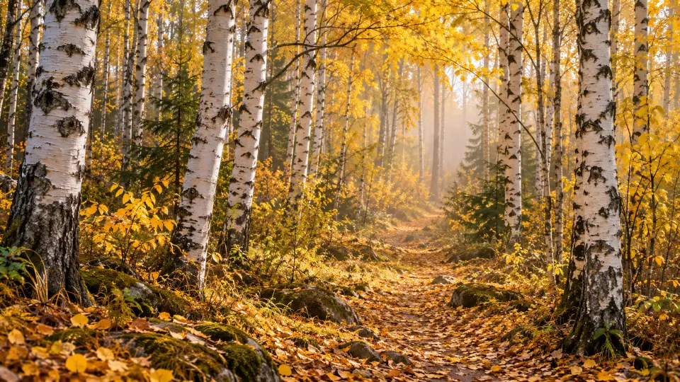 Sunlit birch forest path in autumn