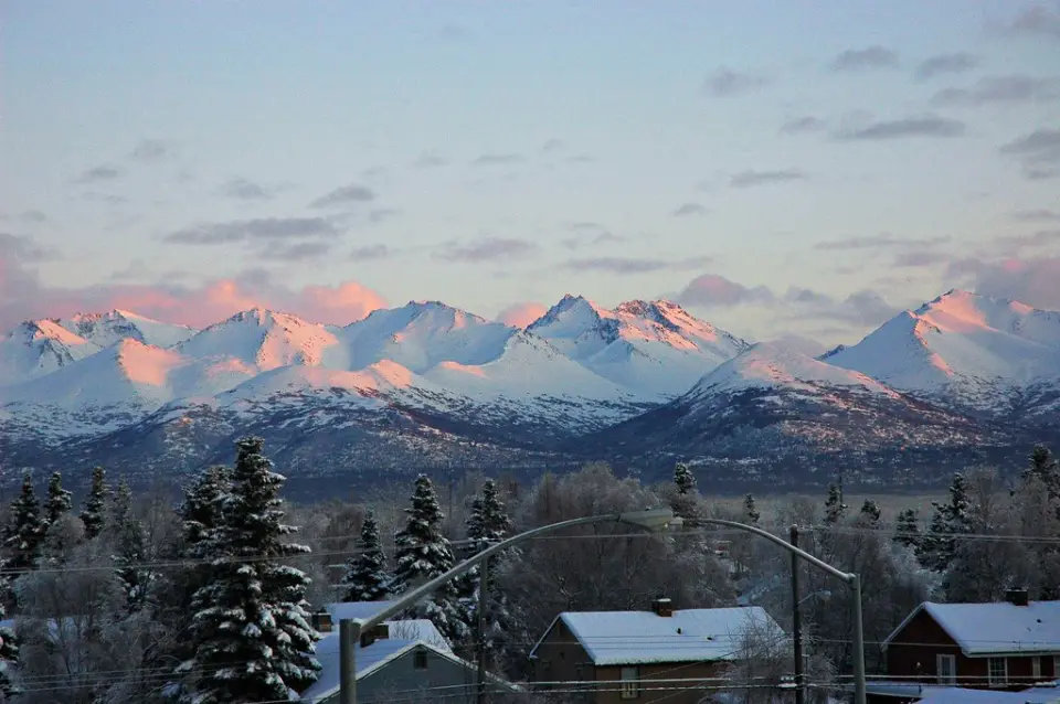 Chugach Range Mountains, Christmas Eve, viewed from the 4th floor Pioneer's Home, Anchorage, Alaska, USA