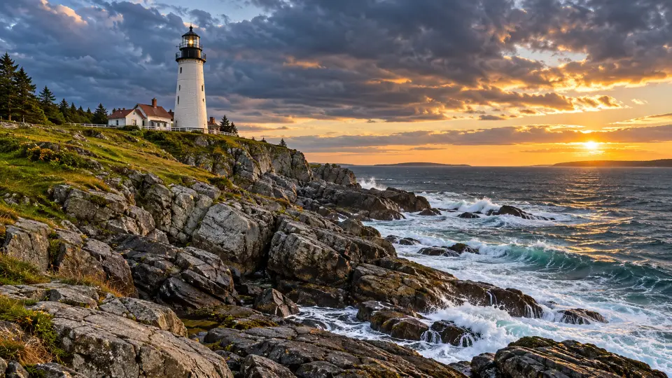 Lighthouse on a rocky coast at sunset