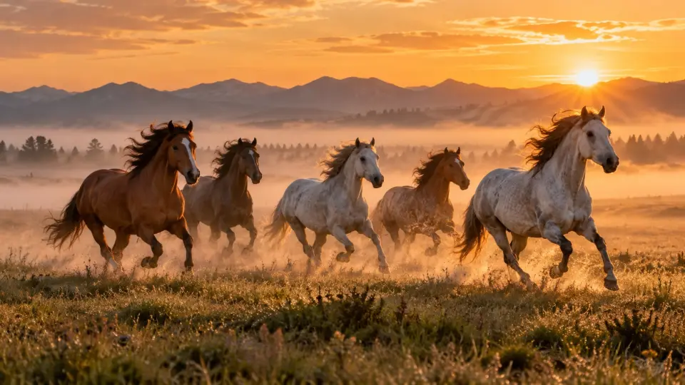 Wild horses galloping at sunrise