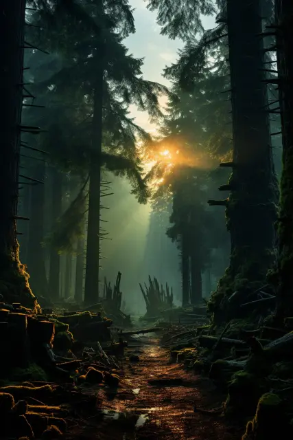 Sun rays in a forest glade