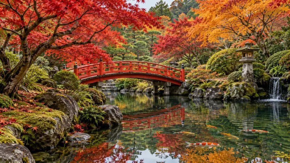 Japanese garden with a red bridge in autumn