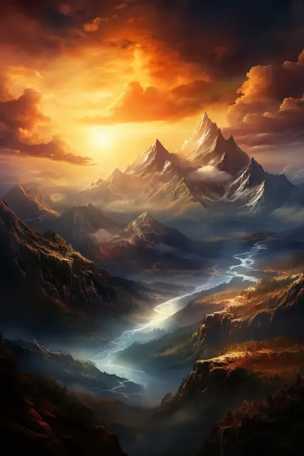 Dramatic mountain peaks at sunset