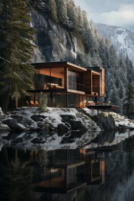 Mountain cabin among tall pines