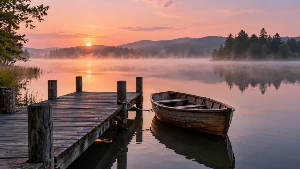 Rowing boat by a jetty at dawn