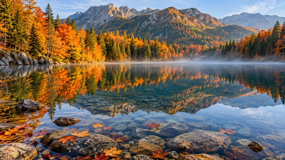 Autumn forest reflected in a mountain lake