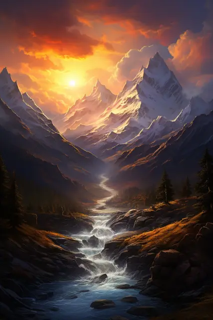Dramatic mountain peaks at sunset