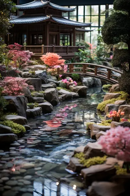 Calm Japanese garden with a pebble path