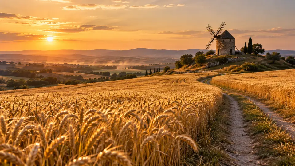 Wheat field and windmill at sunset
