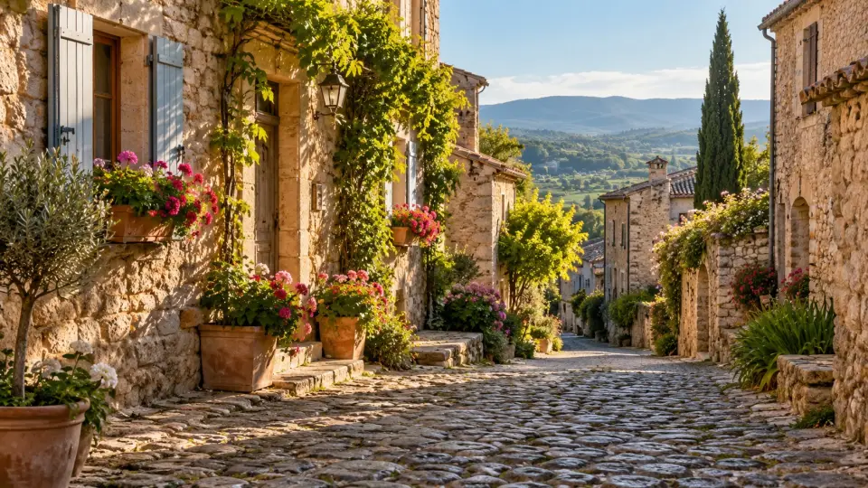 Cobblestone village street with flowers