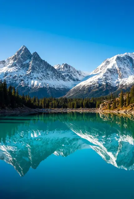 Turquoise mountain lake with snowy peaks