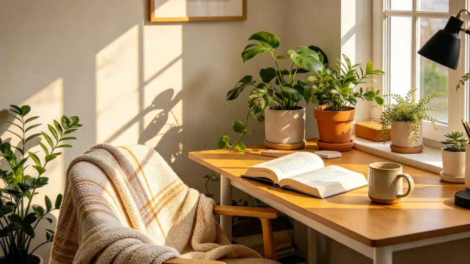 Cosy reading corner with plants by a window