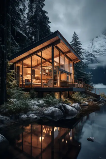 Mountain cabin among tall pines