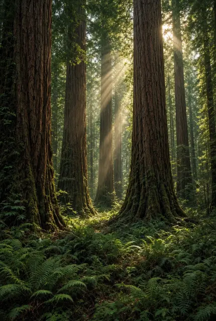 Sunbeams in a forest of giant trees