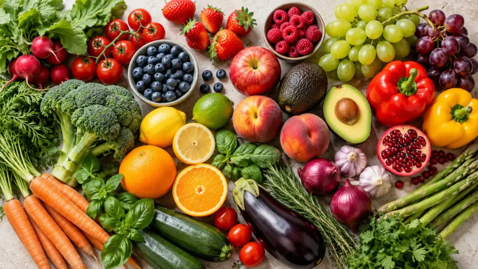 Fresh fruit and vegetables flat lay