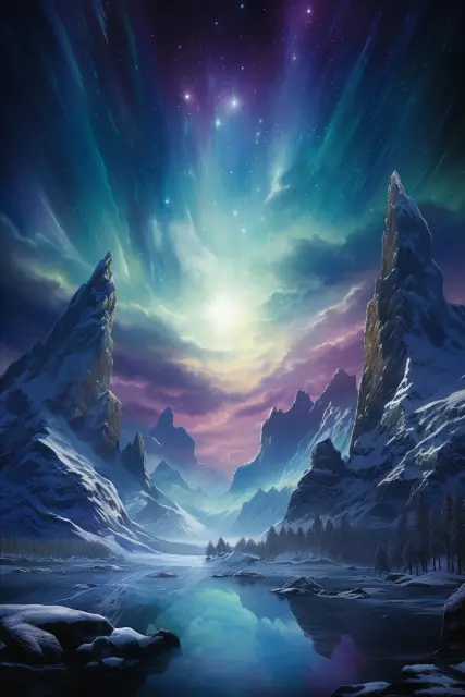 Northern lights over snowy peaks