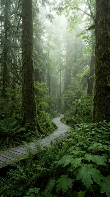 Wooden boardwalk through a misty forest
