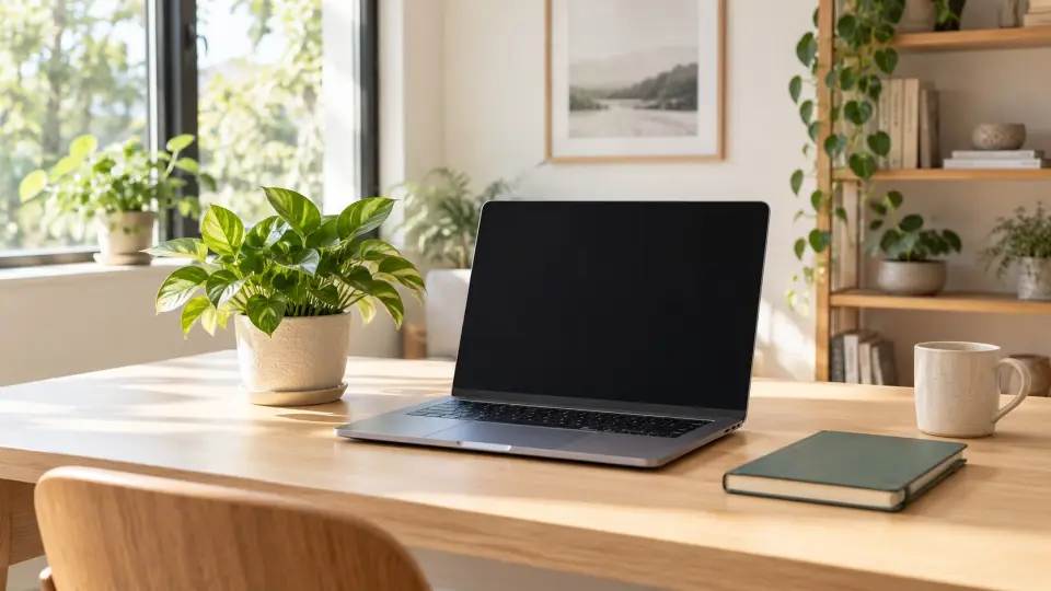 Bright home office desk with a laptop