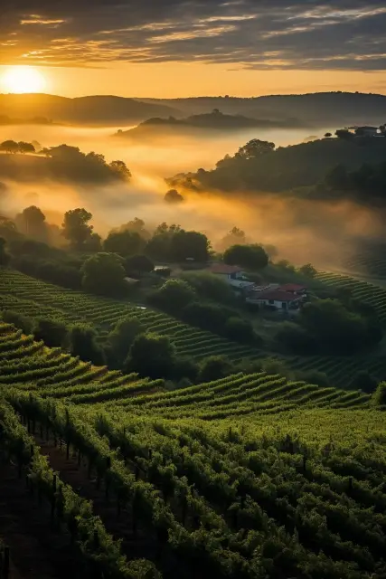 Foggy dawn over vineyards
