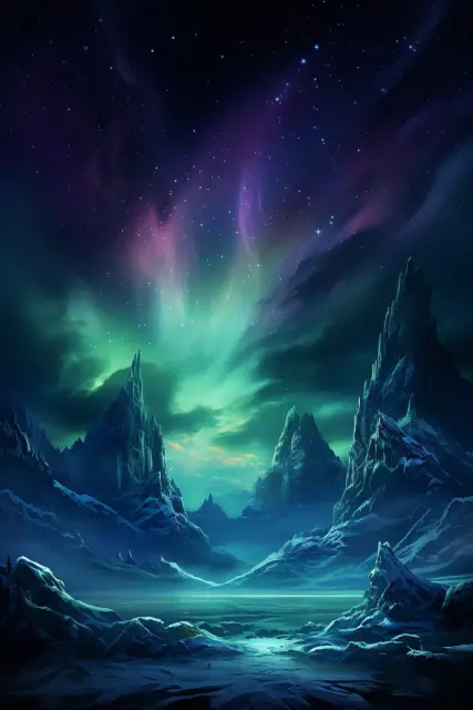 Aurora borealis over icy mountains