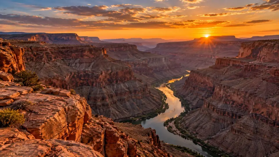 Canyon and river at sunset
